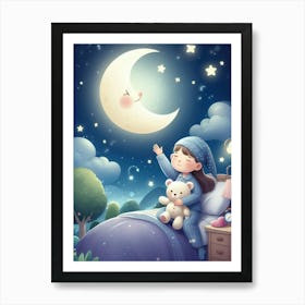 Little Girl Sleeping On The Moon Art Print