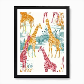 Giraffe Blue Mustard Red Watercolour Pattern 2 Art Print