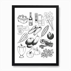 Fruits And Vegetables Black And White Line Art Art Print