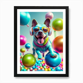 Dog With Headphones And Balloons Art Print