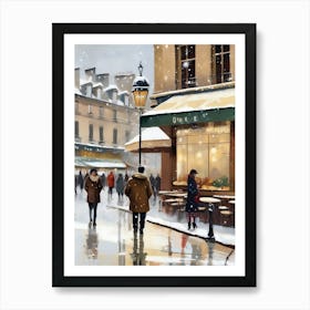 Paris cafes, winter season, Christmas, autumn oil colors, pale colors, pedestrians in the street, winter clothes, falling snow.2 1 Poster