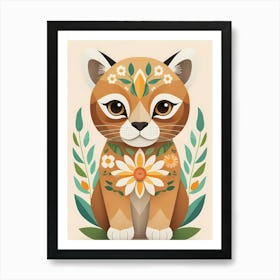 Floral Cute Baby Puma Nursery Illustration (10) Art Print