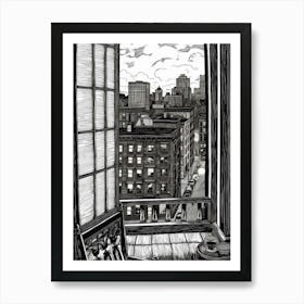 A Window View Of New York In The Style Of Black And White  Line Art 1 Art Print