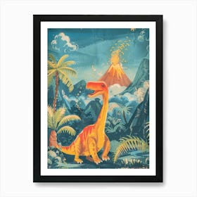 Dinosaur & A Volcano Illustration 2 Art Print