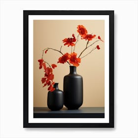 Two Black Vases With Red Flowers Art Print