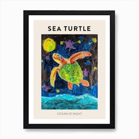 Sea Turtle At Night Crayon Poster 2 Art Print