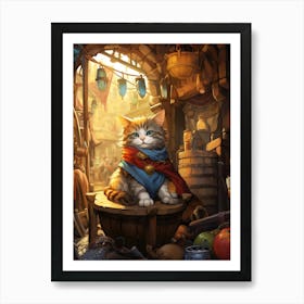 Cute Cat In Regal Clothes At A Medieval Market Art Print