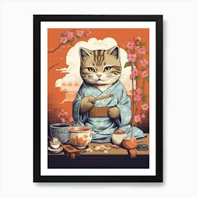 Kawaii Cat Drawings Drinking Tea 3 Art Print