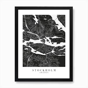 Stockholm Sweden Minimal Black Mono Street Map  Art Print