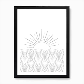 Sun Rising Over Waves, line art mimimalist Art Print