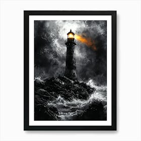 Lighthouse In The Storm, Monochrome, Charcoal Style Poster