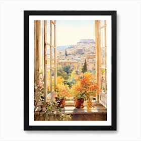 Window View Of  Athens Greece In Autumn Fall, Watercolour 2 Art Print