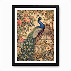 Vintage Peacock Wallpaper Outside A Thatched Cottage 2 Art Print