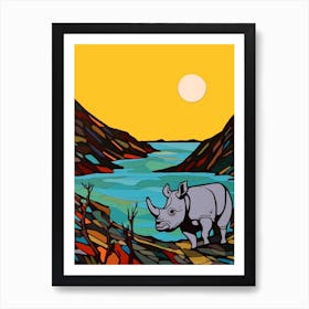 Simple Line Illustration Rhino By The River 4 Art Print