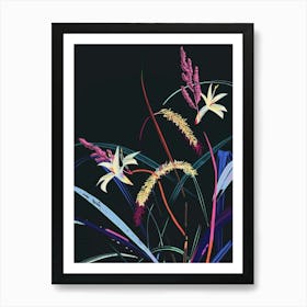 Neon Flowers On Black Fountain Grass 3 Poster