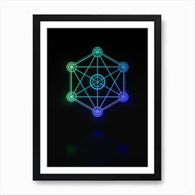 Neon Blue and Green Abstract Geometric Glyph on Black n.0082 Art Print