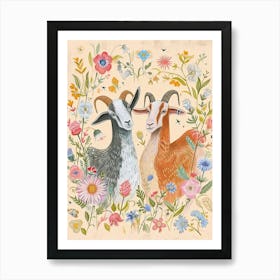Folksy Floral Animal Drawing Goat Art Print