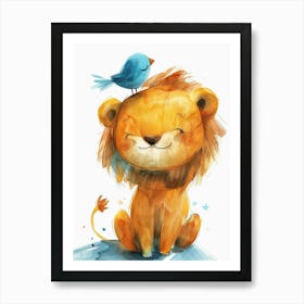 Small Joyful Lion With A Bird On Its Head 1 Art Print