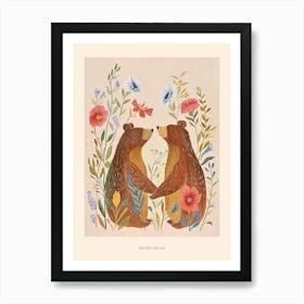 Folksy Floral Animal Drawing Brown Bear Poster Art Print