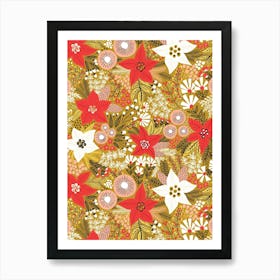 Poinsettia Flowers and Christmas Florals on Ochre Yellow Art Print