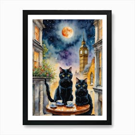 Watercolor Black Cat Friends Have Tea in London on a Full Moon Art Print