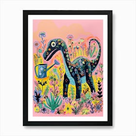 Dinosaur In The Garden Colourful Brushstroke 2 Art Print