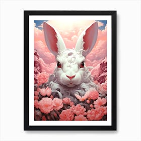 White Rabbit In Pink Flowers Art Print