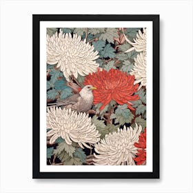 Chrysanthemum And Bird Vintage Japanese Botanical Art Print