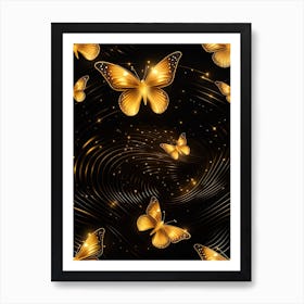 Golden Butterflies On Black Background Art Print