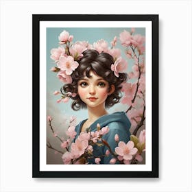 Asian Girl With Cherry Blossoms art print Art Print