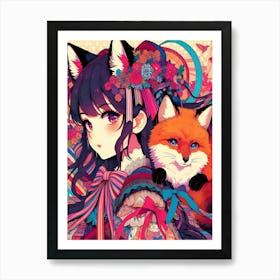 Pretty Anime Girl with Fox 7 Art Print