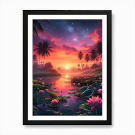 Beautiful Lotus Lake Landscape 7 Art Print