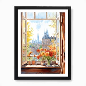 Window View Of Frankfurt Germany In Autumn Fall, Watercolour 2 Affiche