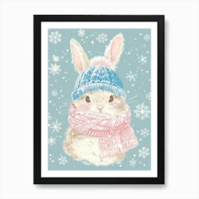 Adorable Bunny in a Winter Hat and Scarf | Pastel Pink And Blue Colors Art Print