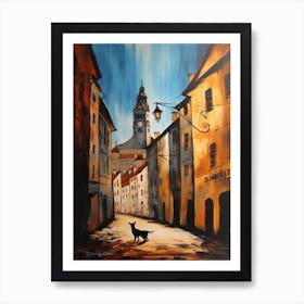 Painting Of Prague With A Cat In The Style Of Surrealism, Dali Style 1 Art Print