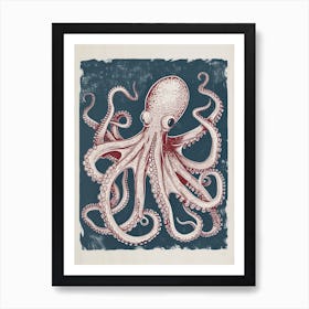 Octopus Swimming Around With Tentacles Red Navy Linocut Inspired 5 Art Print