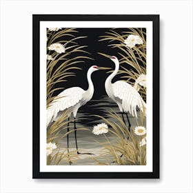 White And Gold Cranes Vintage Japanese Botanical Art Print