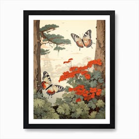 Butterflies In The Woodland Japanese Style Painting 1 Art Print