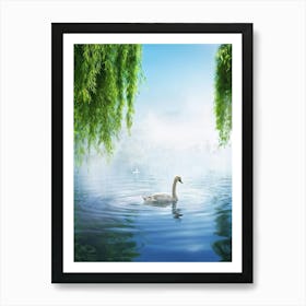 Fluffy Cygnet Gliding Through Serene Waters Ripples Circling With Gentle Strokes Reflection Of Ove Art Print