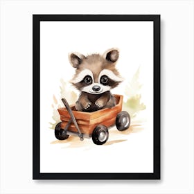 Baby Raccoon On A Toy Car, Watercolour Nursery 3 Art Print