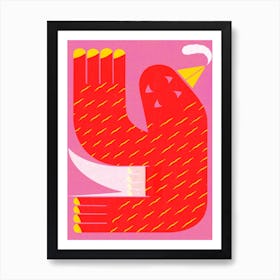 Red and yellow bird with white boots on pink risograph style Art Print