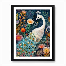 White Floral Folky Peacock 4 Art Print