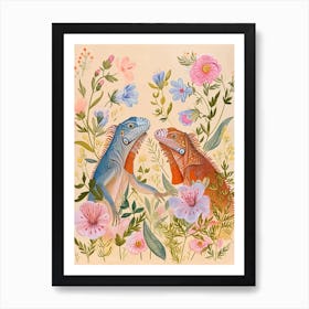 Folksy Floral Animal Drawing Iguana 2 Art Print