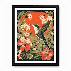 Vintage Bird Linocut Hummingbird 1 Art Print