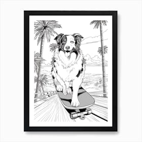 Australian Shepherd Dog Skateboarding Line Art 4 Art Print