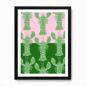 Lobster Repeat Green On Pink Art Print