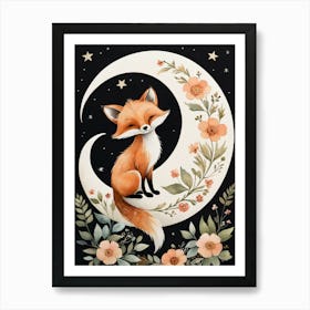 Floral Cute Fox Watercolor Moon Paining (3) Art Print