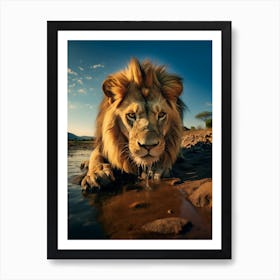 African Lion Drinking Water Realism 4 Art Print