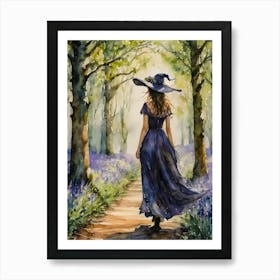 Indigo Witch in Bluebell Woods - Spring Witchy Watercolor Art by Lyra the Lavender Witch - Pagan Ostara Beltane Wheel of the Year Witches Fairytale Artwork for Wicca Goddess Magic Spells Astrology Tarot HD Art Print