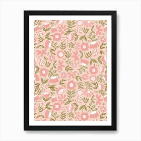 Cute Soft Scattered Scandi Florals Peach, Pink, Moss Green Art Print